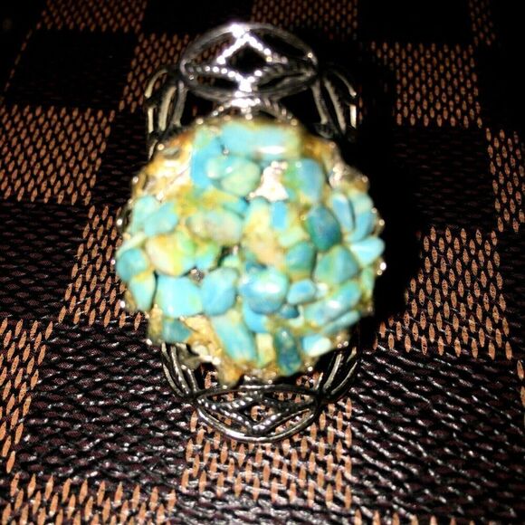 Turquoise Cluster Cuff Ring, 1", Unisex, OS Adjustable - Picture 1 of 3